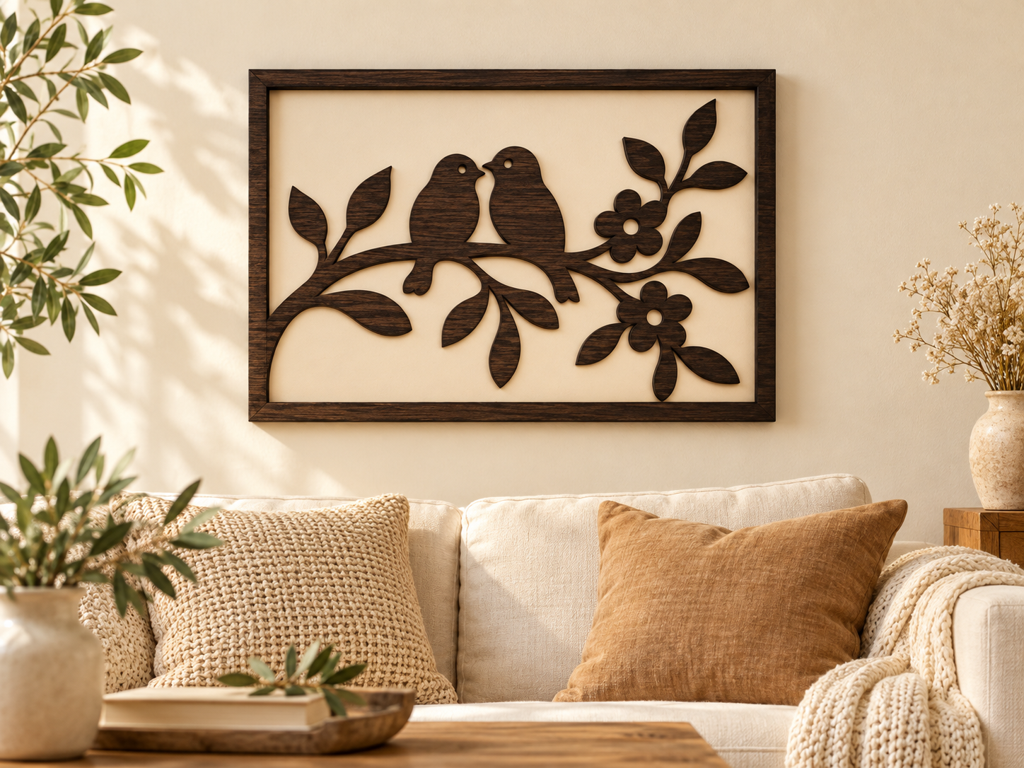 Décoration murale en bois — Oiseaux sur une branche