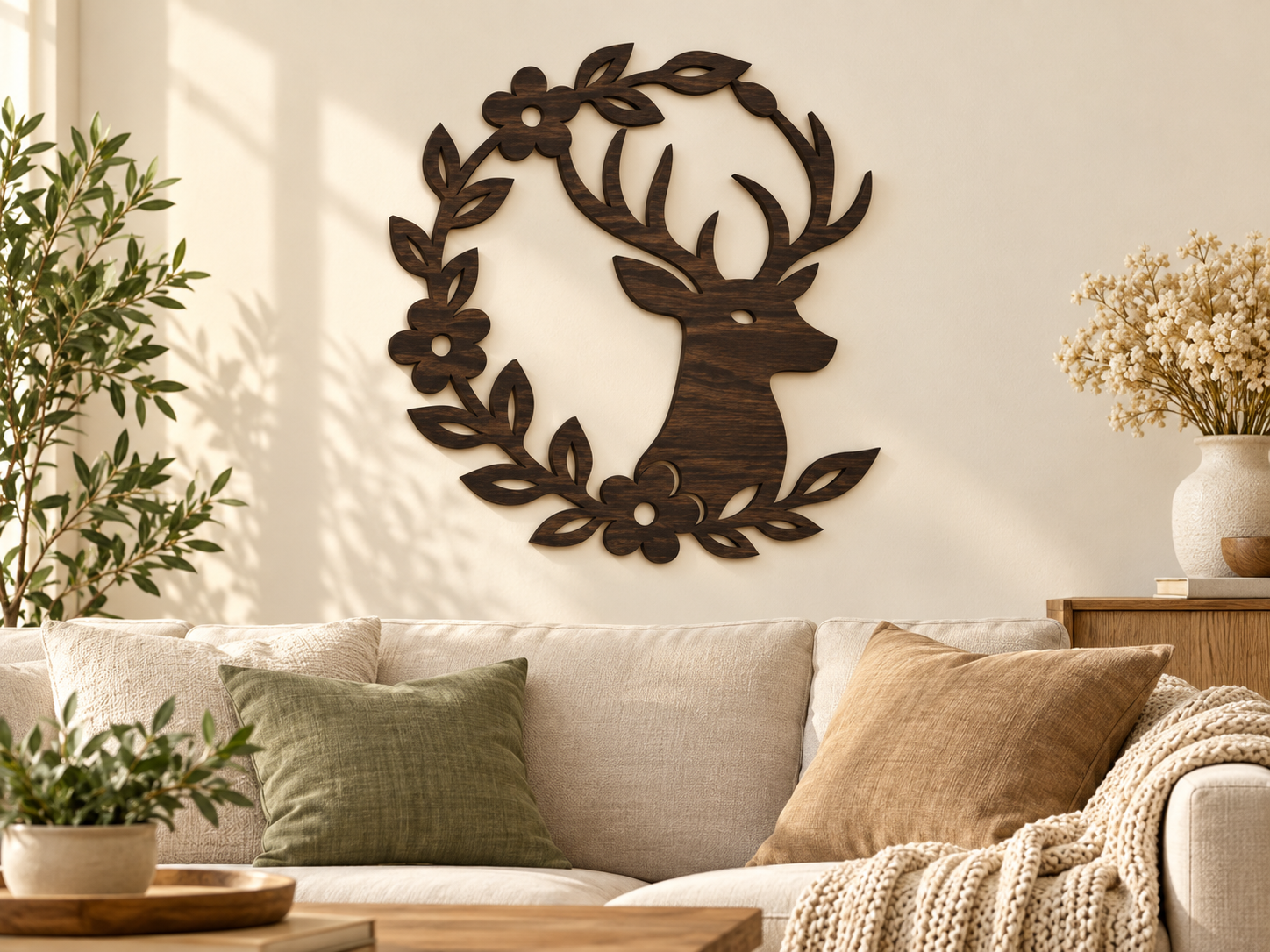 Décoration murale en bois — Cerf et couronne florale