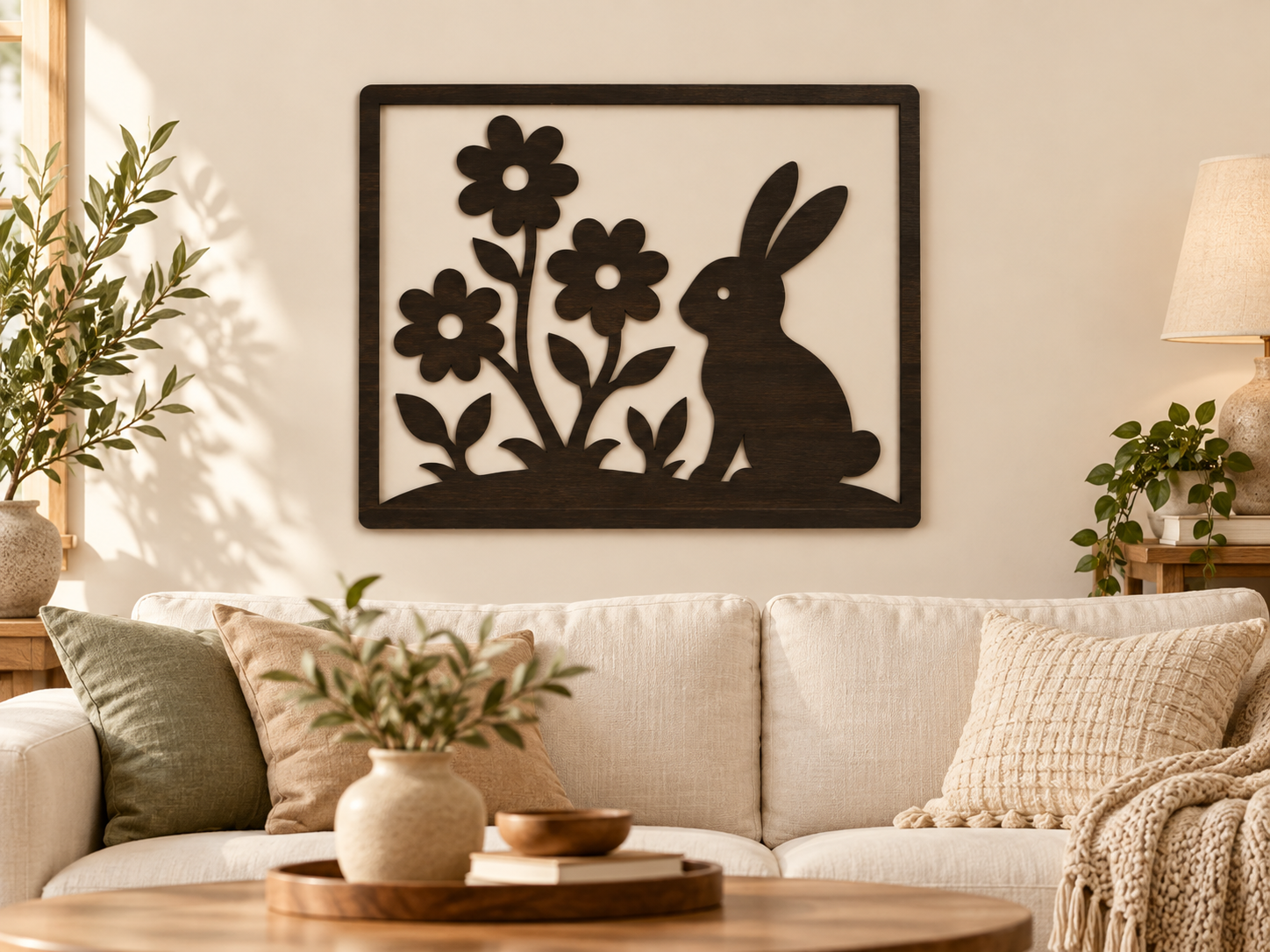 Décoration murale en bois — Lapin et fleurs